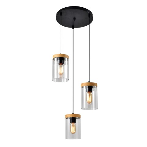 WELS LAMPA WISZĄCA TALERZ CZARNY+DREWNIANY 3X40 E27 KLOSZ DYMIONY WELS LAMPA WISZĄCA TALERZ CZARNY+DREWNIANY 3X40 E27 KLOSZ DYMIONY