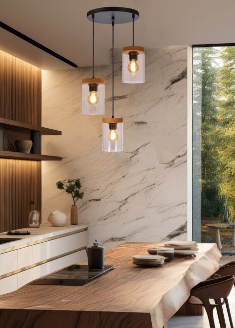 WELS LAMPA WISZĄCA TALERZ CZARNY+DREWNIANY 3X40 E27 KLOSZ DYMIONY WELS LAMPA WISZĄCA TALERZ CZARNY+DREWNIANY 3X40 E27 KLOSZ DYMIONY