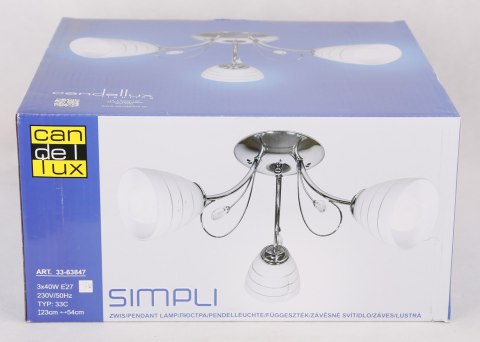 SIMPLI LAMPA WISZĄCA 3*40W E27 CHROM Z KRYSZTAŁKIEM+KLOSZ Z PASKIEM