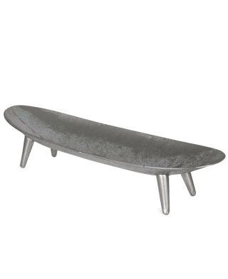Półmisek podłużny w srebrnym kolorze o metalowym wykończeniu na czterech niskich nóżkach 53x10 cm