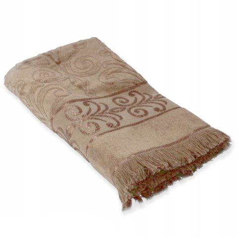 Ręcznik żakardowy 100x150cm beżowy z ozdobnym strzępieniem na końcach Ręcznik żakardowy 100x150cm beżowy z ozdobnym strzępieniem na końcach