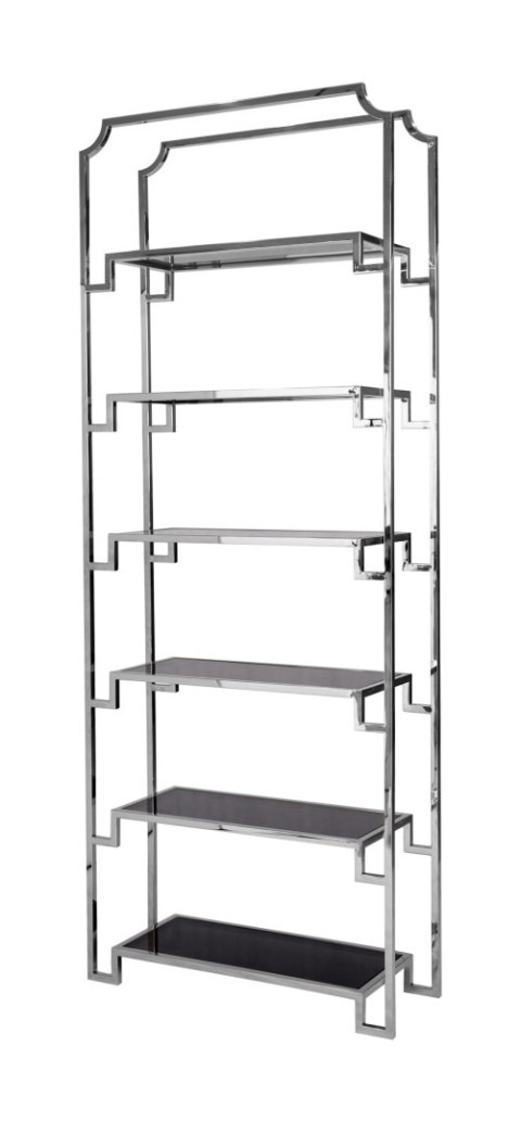 Regał Hyatt Silver 90/32/230 cm ze szklanymi półkami ekskluzywny designerski srebrny metalowy Regał Hyatt Silver 90/32/230 cm ze szklanymi półkami ekskluzywny designerski srebrny metalowy