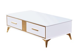 Stolik kawowy Laval glamour 130/70/41cm z białego szkła hartowanego o złotym wykończeniu