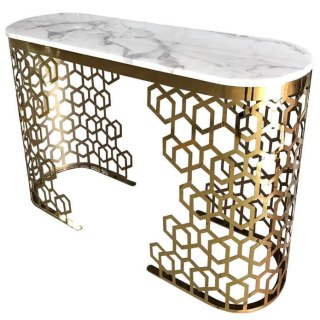 Jasmine 140/40/80cm elegancka konsola z białym marmurowym blatem i złotą dekoracyjną podstawą