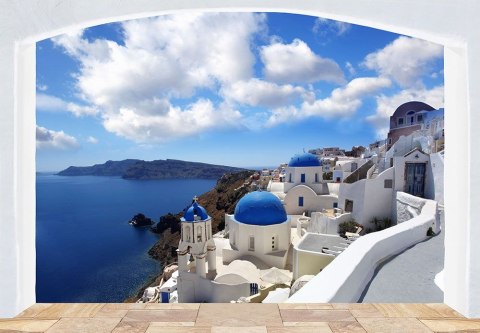 Panorama Santorini (okno) - fototapeta Panorama Santorini (okno) - fototapeta