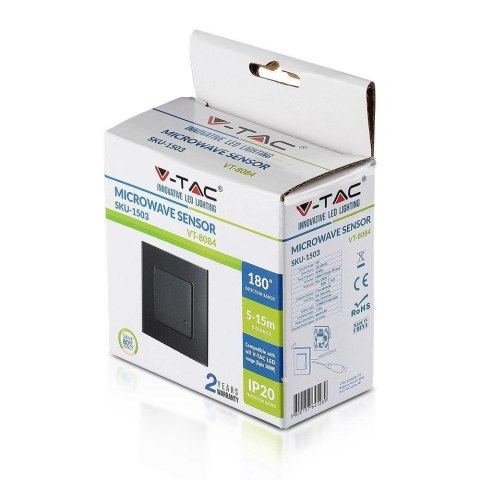 Czujnik Ruchu Mikrofalowy Ścienny Podtynkowy Dopuszkowy Czarny 1200W/300W V-TAC VT-8084 Czujnik Ruchu Mikrofalowy Ścienny Podtynkowy Dopuszkowy Czarny 1200W/300W V-TAC VT-8084