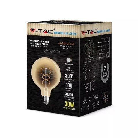 Żarówka LED V-TAC 5W E27 Filament Bursztynowa Kula G125 Ściemnialna VT-2085D 2200K 300lm Żarówka LED V-TAC 5W E27 Filament Bursztynowa Kula G125 Ściemnialna VT-2085D 2200K 300lm