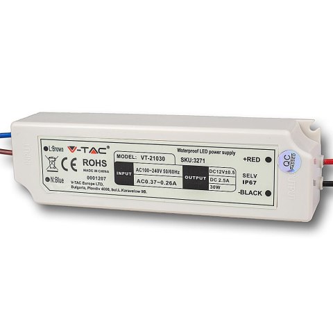 Zasilacz LED V-TAC 30W 12V 2.5A IP67 Hermetyczny Filtr EMI VT-21030 Zasilacz LED V-TAC 30W 12V 2.5A IP67 Hermetyczny Filtr EMI VT-21030