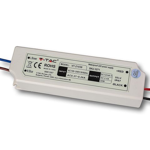 Zasilacz LED V-TAC 30W 12V 2.5A IP67 Hermetyczny Filtr EMI VT-21030 Zasilacz LED V-TAC 30W 12V 2.5A IP67 Hermetyczny Filtr EMI VT-21030