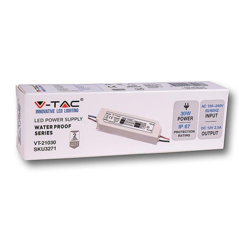 Zasilacz LED V-TAC 30W 12V 2.5A IP67 Hermetyczny Filtr EMI VT-21030 Zasilacz LED V-TAC 30W 12V 2.5A IP67 Hermetyczny Filtr EMI VT-21030