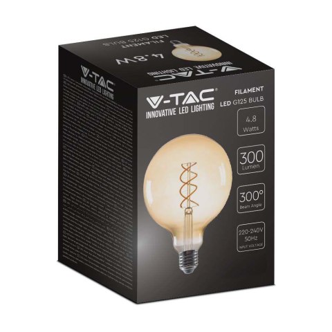 Żarówka LED V-TAC 4,8W Filament E27 Kula Glob G125 Bursztyn 125x173mm VT-2085 2200K 300lm Żarówka LED V-TAC 4,8W Filament E27 Kula Glob G125 Bursztyn 125x173mm VT-2085 2200K 300lm