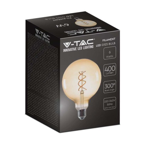 Żarówka LED V-TAC 6W Filament E27 Kula Glob G125 Bursztyn 125x173mm VT-2126 1800K 400lm Żarówka LED V-TAC 6W Filament E27 Kula Glob G125 Bursztyn 125x173mm VT-2126 1800K 400lm