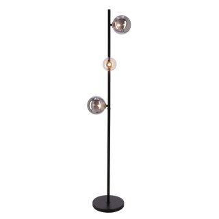 Lampa podłogowa Kama 3x28W G9 czarna i złota, klosze grafitowe i bursztynowe, elegancka lampa stojąca, nowoczesny design do salo