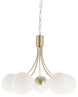 Lampa wisząca Dani 5x40W E14 mosiądz, biały klosz, elegancka oprawa sufitowa do salonu, styl klasyczny i nowoczesny, pięć punktó