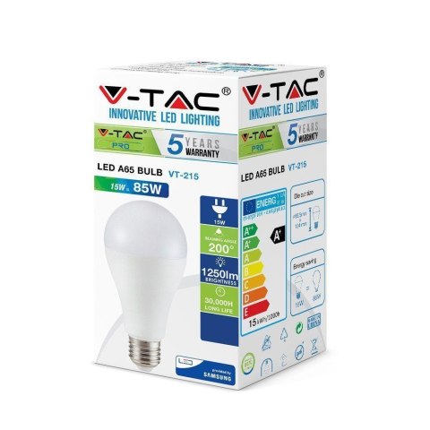 Żarówka LED V-TAC SAMSUNG CHIP 15W E27 A65 VT-215 6400K 1250lm 5 Lat Gwarancji Żarówka LED V-TAC SAMSUNG CHIP 15W E27 A65 VT-215 6400K 1250lm 5 Lat Gwarancji