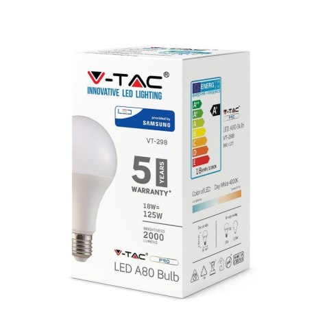 Żarówka LED V-TAC SAMSUNG CHIP 18W E27 A80 VT-298 3000K 2000lm 5 Lat Gwarancji Żarówka LED V-TAC SAMSUNG CHIP 18W E27 A80 VT-298 3000K 2000lm 5 Lat Gwarancji