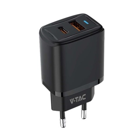 Ładowarka USB V-TAC SZYBKA 20W Czarna MINI Dual USB Type-A Type-C VT-3530 Ładowarka USB V-TAC SZYBKA 20W Czarna MINI Dual USB Type-A Type-C VT-3530
