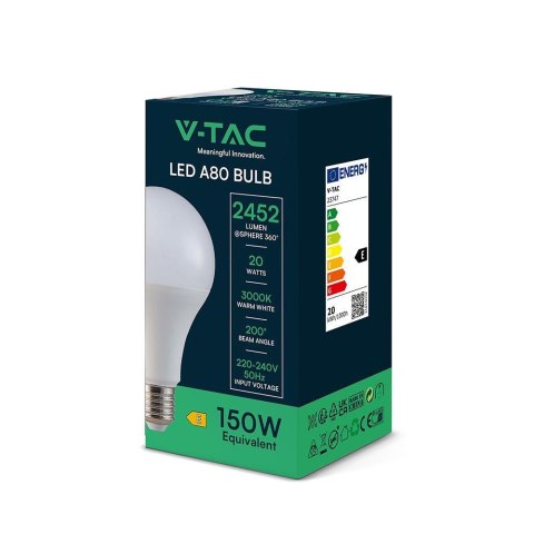 Żarówka LED V-TAC 20W A80 E27 80x155mm VT-22022 3000K 2452lm Żarówka LED V-TAC 20W A80 E27 80x155mm VT-22022 3000K 2452lm
