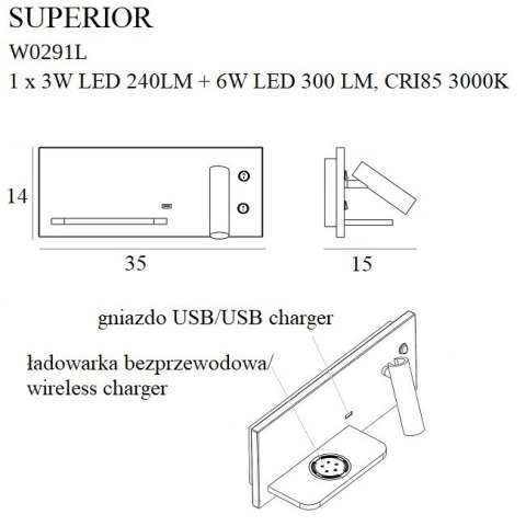 MAXLIGHT W0291L KINKIET SUPERIOR Z GNIAZDEM USB I ŁADOWARKĄ INDUKCYJNĄ BIAŁY