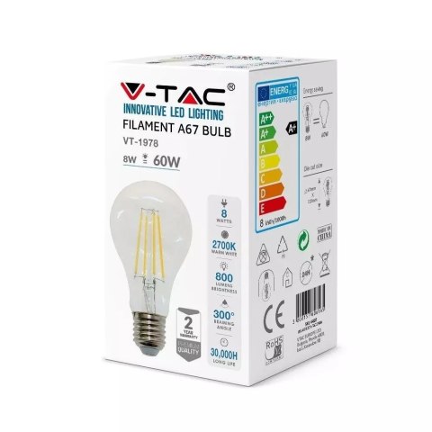 Żarówka LED V-TAC 8W Filament E27 A67 VT-1978 6400K 800lm Żarówka LED V-TAC 8W Filament E27 A67 VT-1978 6400K 800lm