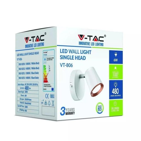 Kinkiet V-TAC 6W LED Biały VT-806 3000K 480lm Kinkiet V-TAC 6W LED Biały VT-806 3000K 480lm