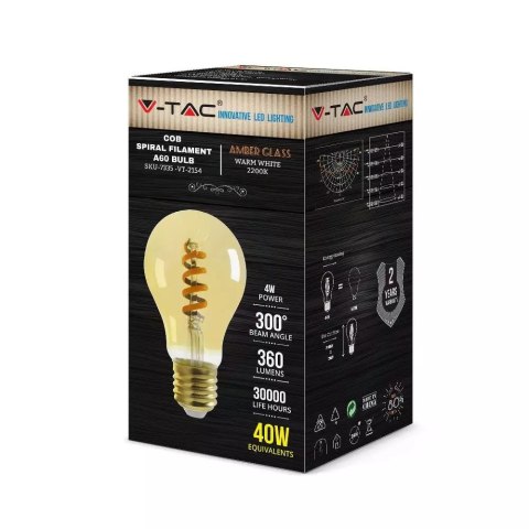 Żarówka LED V-TAC 4W E27 A60 Spiral Filament Bursztyn VT-2154 2200K 400lm Żarówka LED V-TAC 4W E27 A60 Spiral Filament Bursztyn VT-2154 2200K 400lm