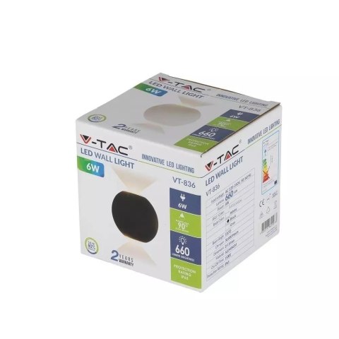 Kinkiet Ścienny V-TAC 6W LED Czarny Okrągły IP65 VT-836 3000K 660lm Kinkiet Ścienny V-TAC 6W LED Czarny Okrągły IP65 VT-836 3000K 660lm