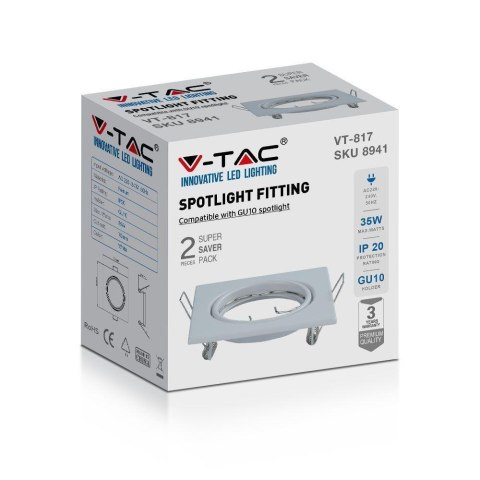 Oczko V-TAC GU10 Kwadrat Ruchome Białe (Opak. 2 szt) VT-817-SQ-W 3 Lata Gwarancji Oczko V-TAC GU10 Kwadrat Ruchome Białe (Opak. 2 szt) VT-817-SQ-W 3 Lata Gwarancji