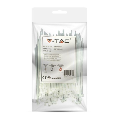 Opaska Zaciskowa V-TAC 2.5x100mm Biała 8kg Nylon66 (Opak. 100szt) Opaska Zaciskowa V-TAC 2.5x100mm Biała 8kg Nylon66 (Opak. 100szt)