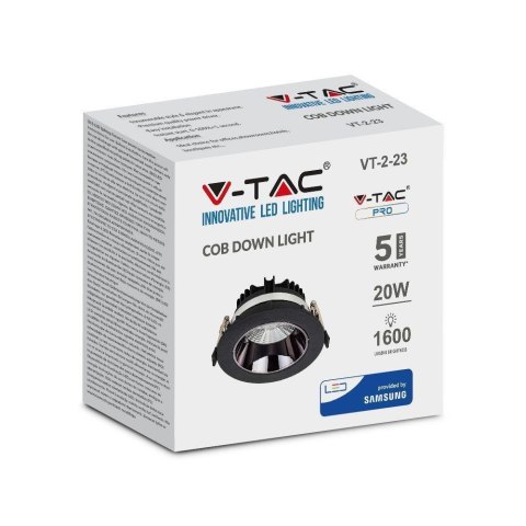 Oprawa Downlight V-TAC SAMSUNG CHIP 20W Czarna Uchylna VT-2-23 3000K 1600lm 5 Lat Gwarancji