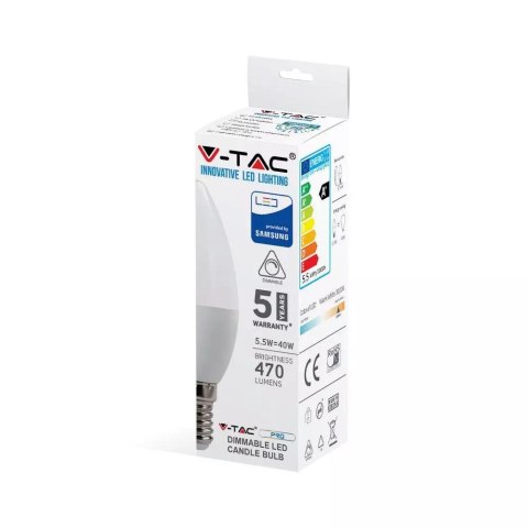 Żarówka LED V-TAC SAMSUNG CHIP 5.5W E14 Świeczka Ściemnialna VT-293D 3000K 470lm 5 Lat Gwarancji Żarówka LED V-TAC SAMSUNG CHIP 5.5W E14 Świeczka Ściemnialna VT-293D 3000K 470lm 5 Lat Gwarancji