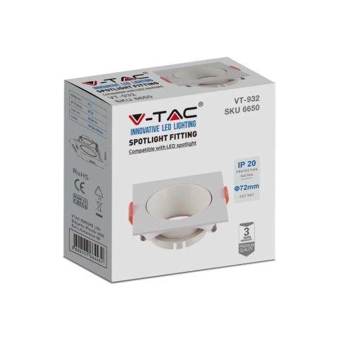 Oczko V-TAC GU10 Wpuszczane Kwadrat Białe/Białe VT-932-W 3 Lata Gwarancji Oczko V-TAC GU10 Wpuszczane Kwadrat Białe/Białe VT-932-W 3 Lata Gwarancji