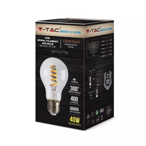 Żarówka LED V-TAC 4W E27 A60 Spiral Filament Przezroczysty VT-2164 2700K 400lm Żarówka LED V-TAC 4W E27 A60 Spiral Filament Przezroczysty VT-2164 2700K 400lm