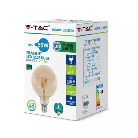 Żarówka LED V-TAC 6W Filament E27 G125 Bursztyn VT-2085 2200K 600lm Żarówka LED V-TAC 6W Filament E27 G125 Bursztyn VT-2085 2200K 600lm