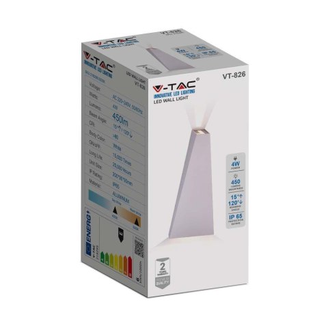Kinkiet Ścienny V-TAC 4W LED Biały IP65 VT-826-W-N 3000K 450lm
