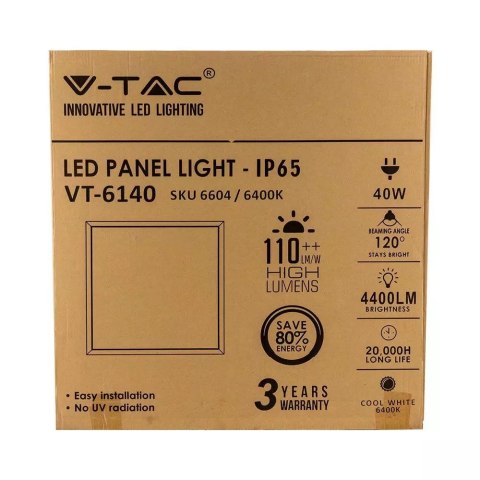Panel LED V-TAC 40W 600x600 110Lm/W Hermetyczny IP65 VT-6140 6400K 4400lm 3 Lata Gwarancji Panel LED V-TAC 40W 600x600 110Lm/W Hermetyczny IP65 VT-6140 6400K 4400lm 3 Lata Gwarancji
