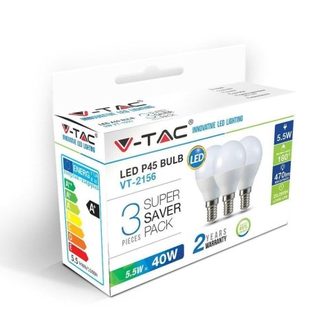 Żarówka LED V-TAC 5.5W E14 P45 Kulka (Opak. 3szt) VT-2156 4000K 470lm Żarówka LED V-TAC 5.5W E14 P45 Kulka (Opak. 3szt) VT-2156 4000K 470lm