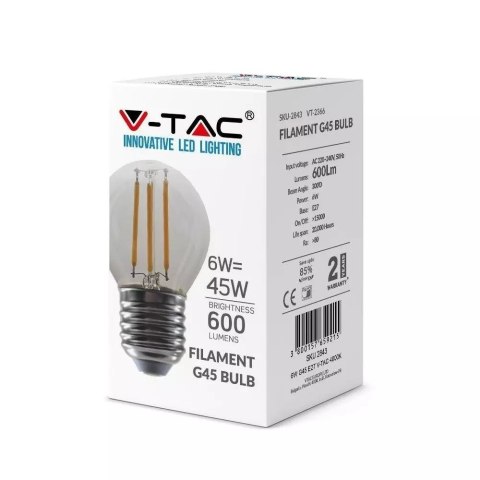 Żarówka LED V-TAC 6W Filament E27 Kulka G45 VT-2366 6400K 600lm Żarówka LED V-TAC 6W Filament E27 Kulka G45 VT-2366 6400K 600lm