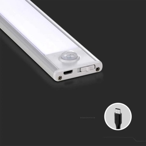Oprawa podszafkowa V-TAC 2W LED Srebrna Czujnik Ruchu Ładowanie USB 40cm VT-8142 3000K 160lm