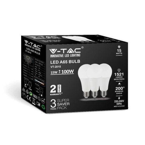 Żarówka LED V-TAC 15W E27 A60 (Opak. 3szt) VT-2015-3PC 6400K 1350lm Żarówka LED V-TAC 15W E27 A60 (Opak. 3szt) VT-2015-3PC 6400K 1350lm