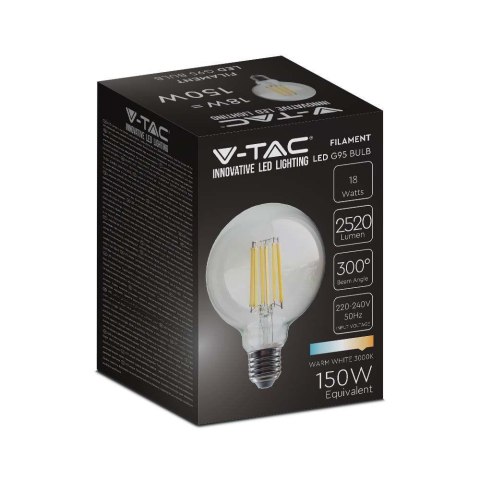 Żarówka LED V-TAC 18W Filament E27 Kula Glob G95 135Lm/W VT-2338 3000K 2520lm Żarówka LED V-TAC 18W Filament E27 Kula Glob G95 135Lm/W VT-2338 3000K 2520lm