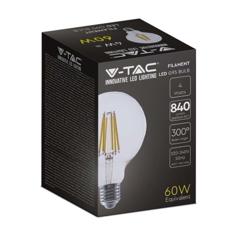 Żarówka LED V-TAC 4W E27 Filament Kula Glob G95 210Lm/W VT-2354 3000K 840lm Żarówka LED V-TAC 4W E27 Filament Kula Glob G95 210Lm/W VT-2354 3000K 840lm