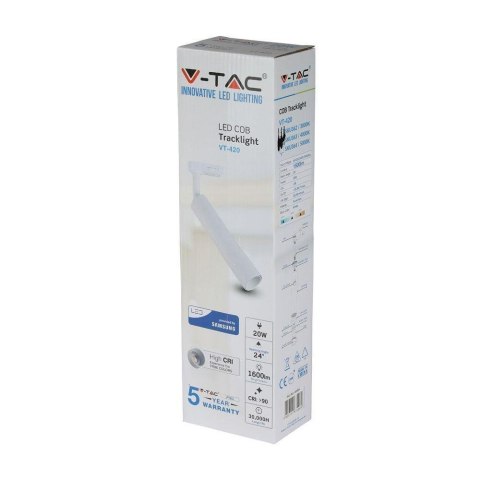 Oprawa 20W LED V-TAC Szynosystem 3F SAMSUNG CHIP CRI90+ Biała VT-420-W 4000K 1600lm 5 Lat Gwarancji