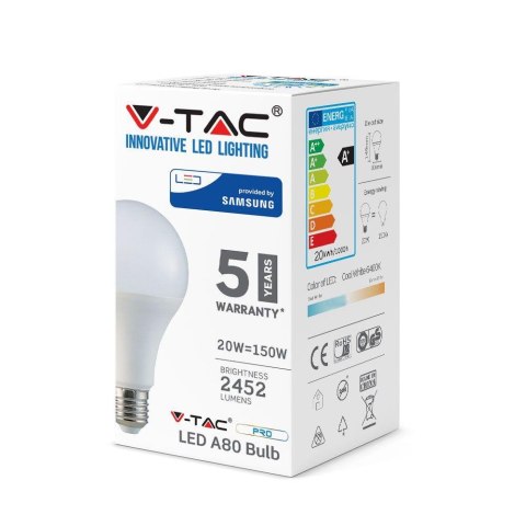 Żarówka LED V-TAC SAMSUNG CHIP 20W E27 A80 VT-233 4000K 2452lm 5 Lat Gwarancji Żarówka LED V-TAC SAMSUNG CHIP 20W E27 A80 VT-233 4000K 2452lm 5 Lat Gwarancji