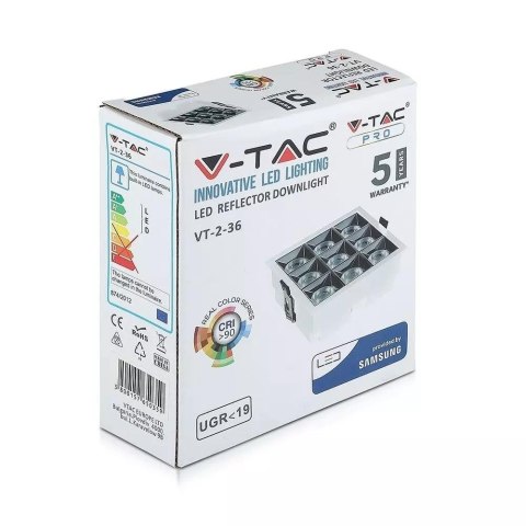 Oprawa V-TAC Downlight SAMSUNG CHIP 36W UGR19 CRI90+ 36st VT-2-36-1 2700K 2880lm 5 Lat Gwarancji