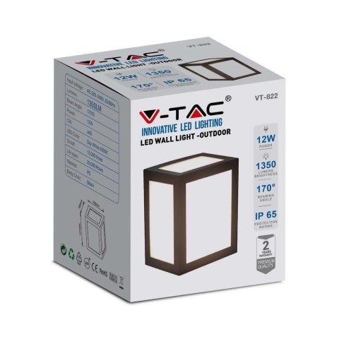 Oprawa Ścienna V-TAC 12W LED IP65 Czarna VT-822 6400K 1350lm