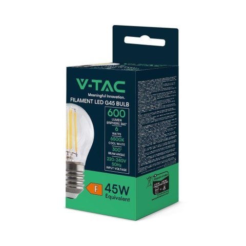 Żarówka LED V-TAC 6W Filament E27 Kulka G45 VT-2366 6500K 600lm Żarówka LED V-TAC 6W Filament E27 Kulka G45 VT-2366 6500K 600lm