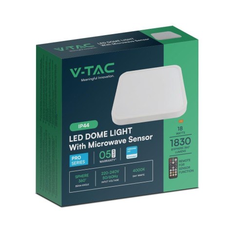 Plafon V-TAC 18W LED SAMSUNG CHIP Kwadrat 30x30cm Natynkowy Pilot Czujnik Ruchu IP44 Biały VT-8618S 4000K 1830lm 5 Lat Gwarancji