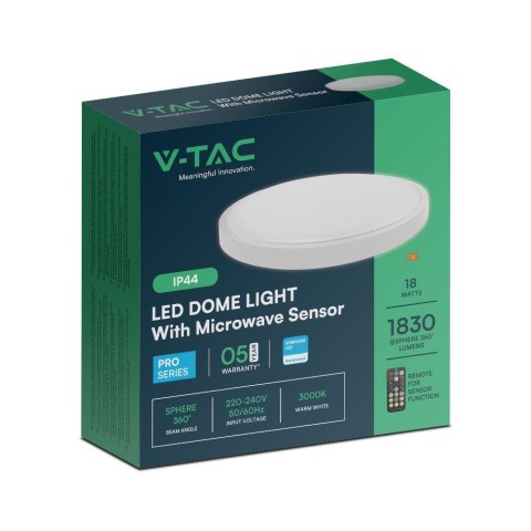 Plafon V-TAC 18W LED SAMSUNG CHIP Okrągły 29cm Natynkowy Pilot Czujnik Ruchu IP44 Biały VT-8618S 6500K 1830lm 5 Lat Gwarancji