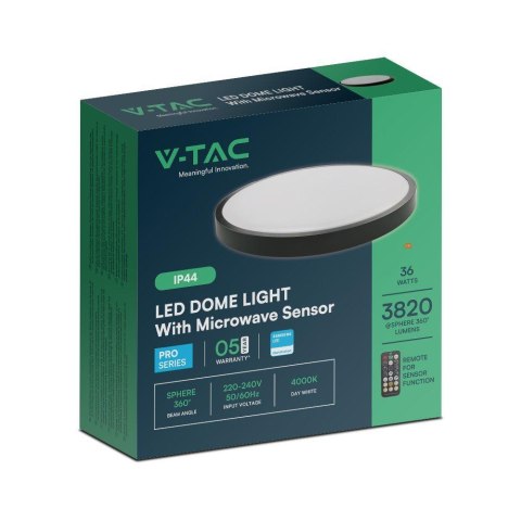 Plafon V-TAC 36W LED SAMSUNG CHIP Okrągły 42cm Natynkowy Pilot Czujnik Ruchu IP44 Czarny VT-8630S 4000K 3820lm 5 Lat Gwarancji